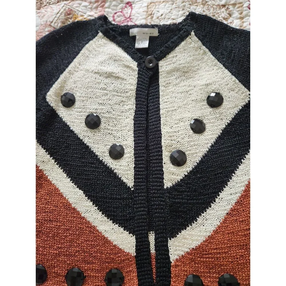 WD-NY Womens Knit Cardigan 3/4 Sleeve Single Button Closure Cotton Blend Black S